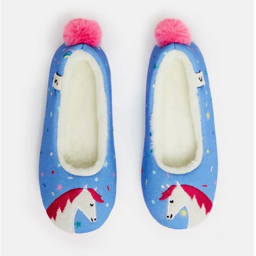 Joules Dreamer Slippers with Pony and Pink Pom Poms